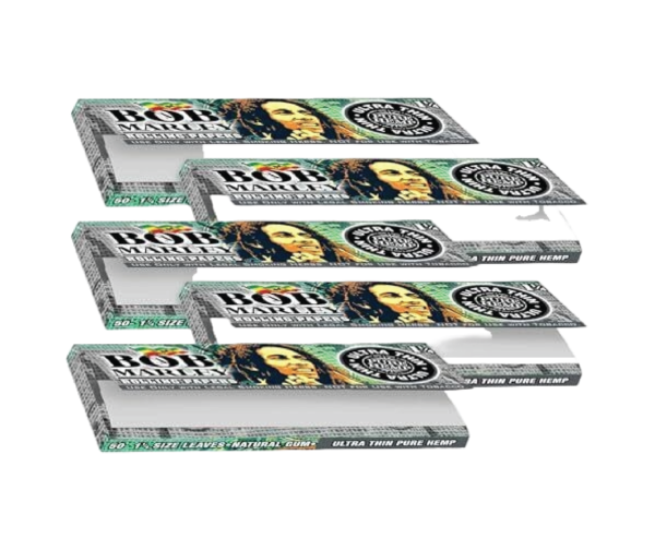 Bob Marley Rolling Paper - 1 1/4" Medium Size (78mm) Ultra Thin Paper - Pack of 5 Booklets! (50 Leaves Per Book)
